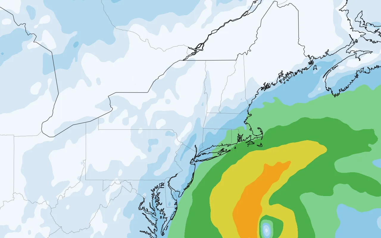 Tropical Storm Josephine: NHC forecast track and cone over the GFS wind gust map, Northeast US