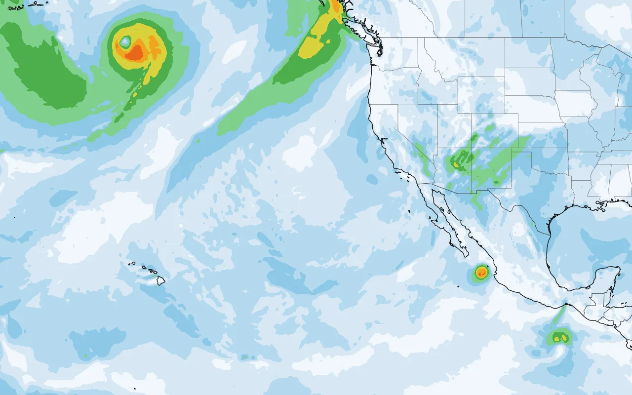 Tropical Storm Trudy: NHC forecast track and cone over the GFS wind gust map, Eastern & Central Pacific