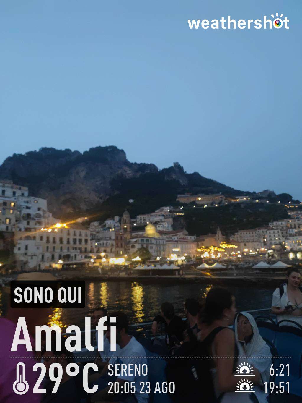 Clear night weather in Amalfi, 29°C — August 23, 2023 (community photo)