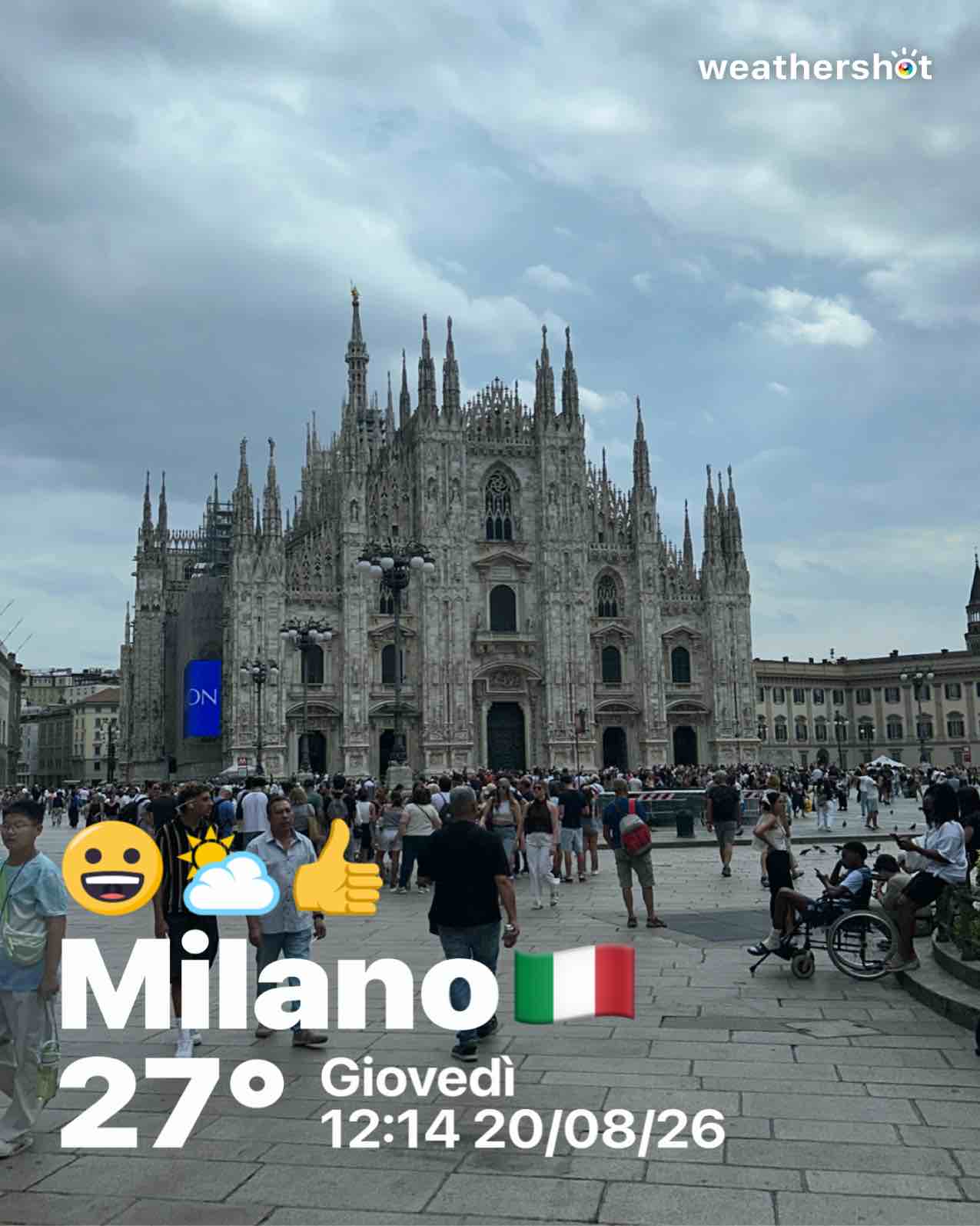 Partly cloudy weather in Milano, 27°C — August 20, 2026 (community photo)