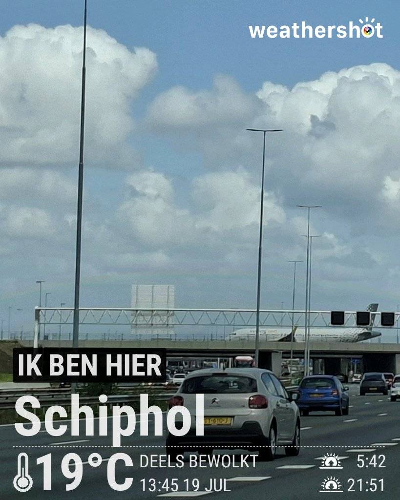 Partly cloudy weather in Schiphol, 19°C — July 19, 2026 (community photo)