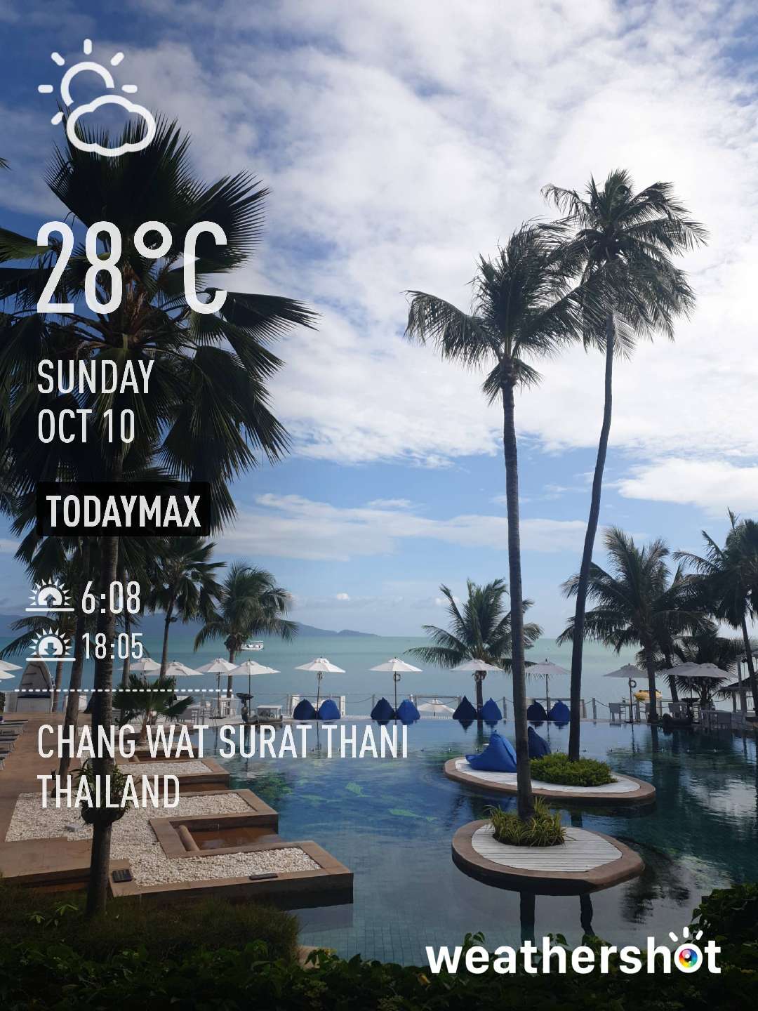 Partly cloudy weather in Chang Wat Surat Thani, 28°C — 10 ตุลาคม 2021 (community photo)