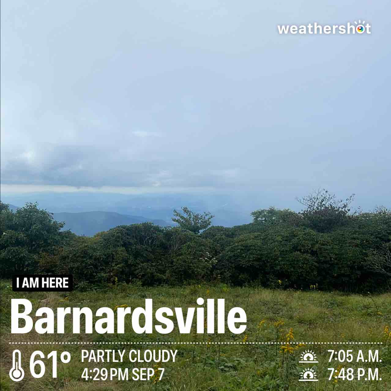 Partly cloudy weather in Swannanoa, 61°F — September 7, 2026 (community photo)