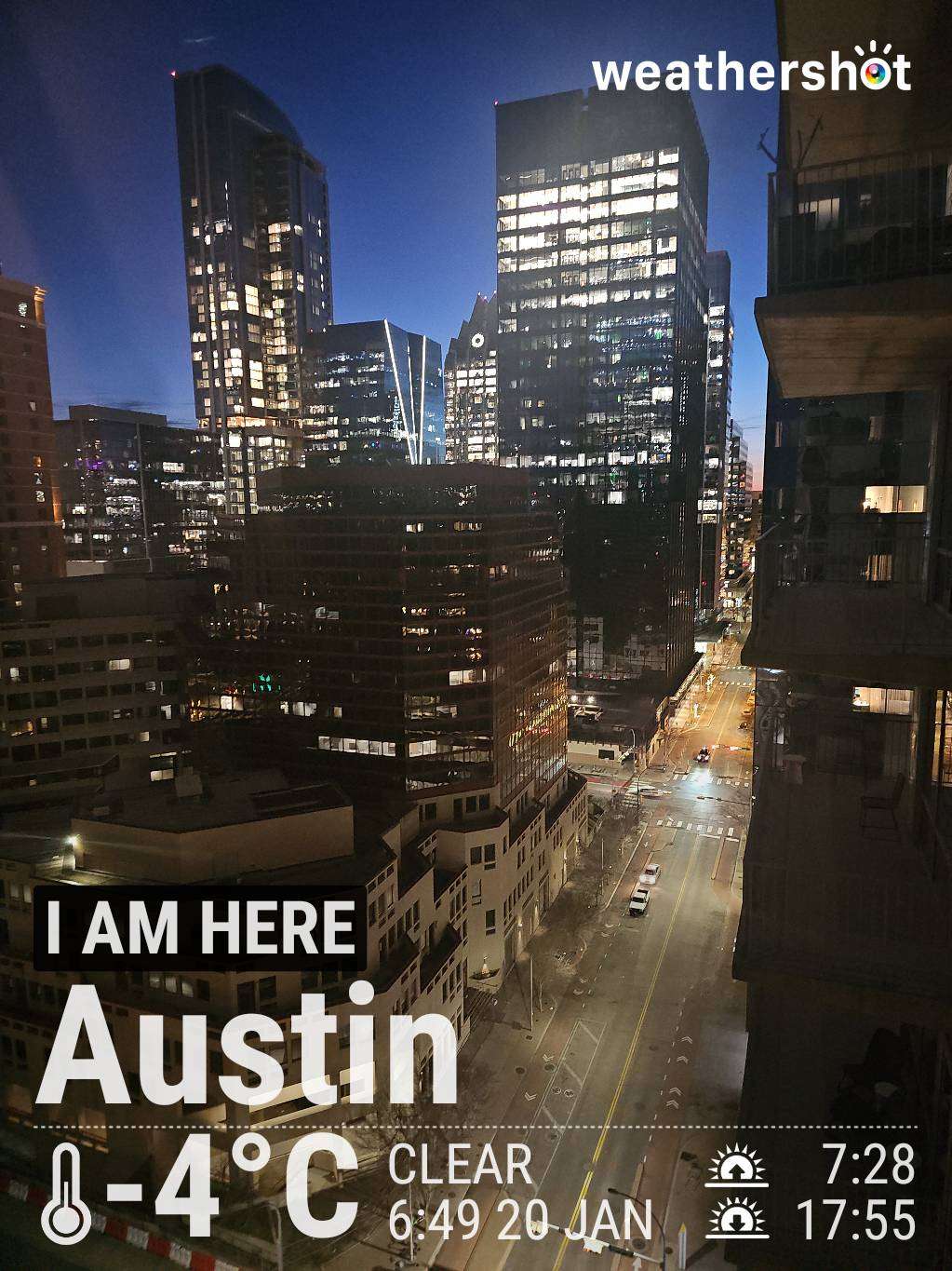 Clear night weather in Austin, 25°F — January 20, 2025 (community photo)