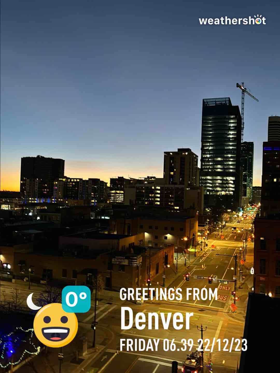 Clear night weather in Denver, 32°F — December 22, 2023 (community photo)