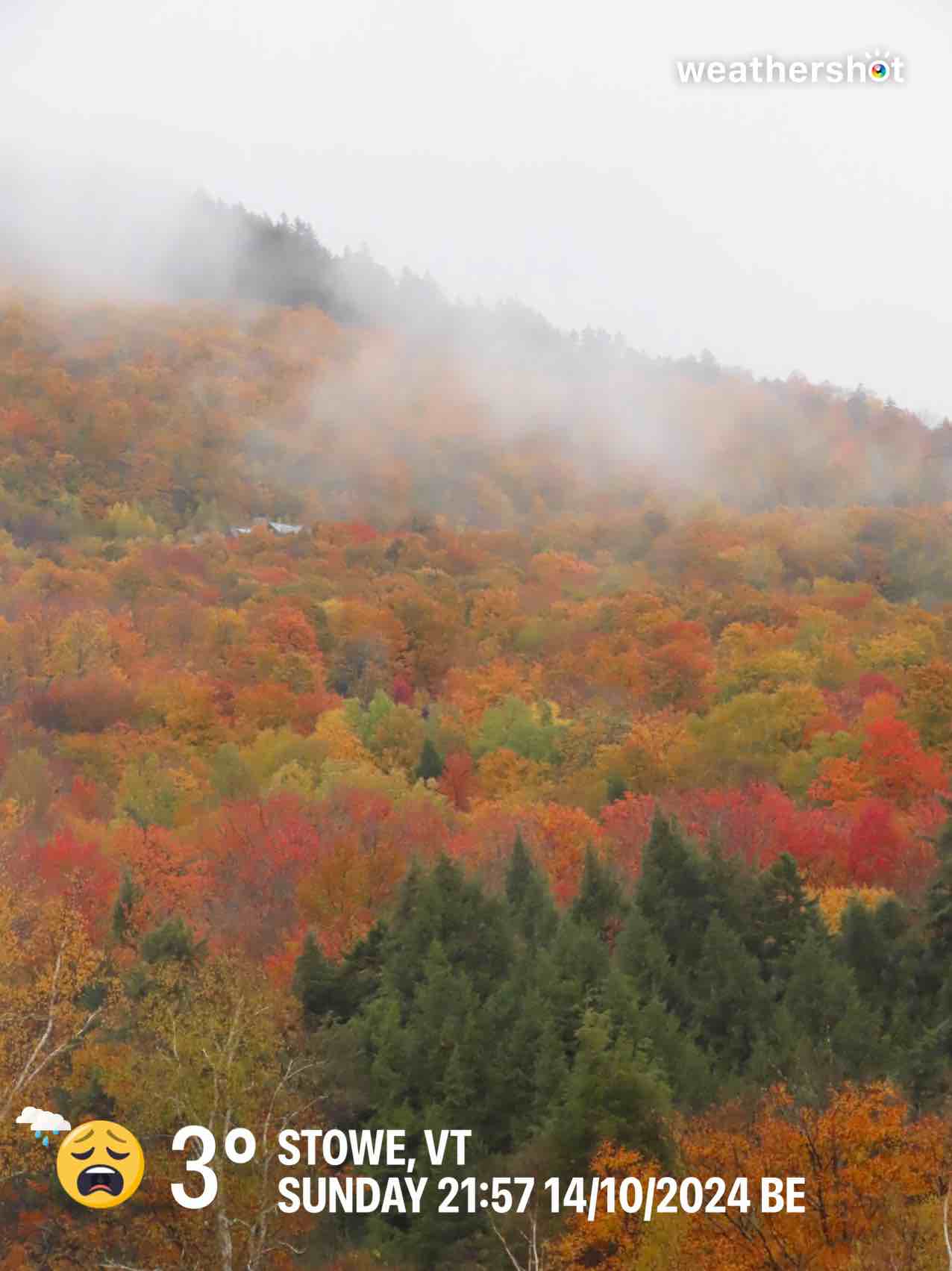 Rainy weather in Stowe, 37°F — October 14, 2024 (community photo)