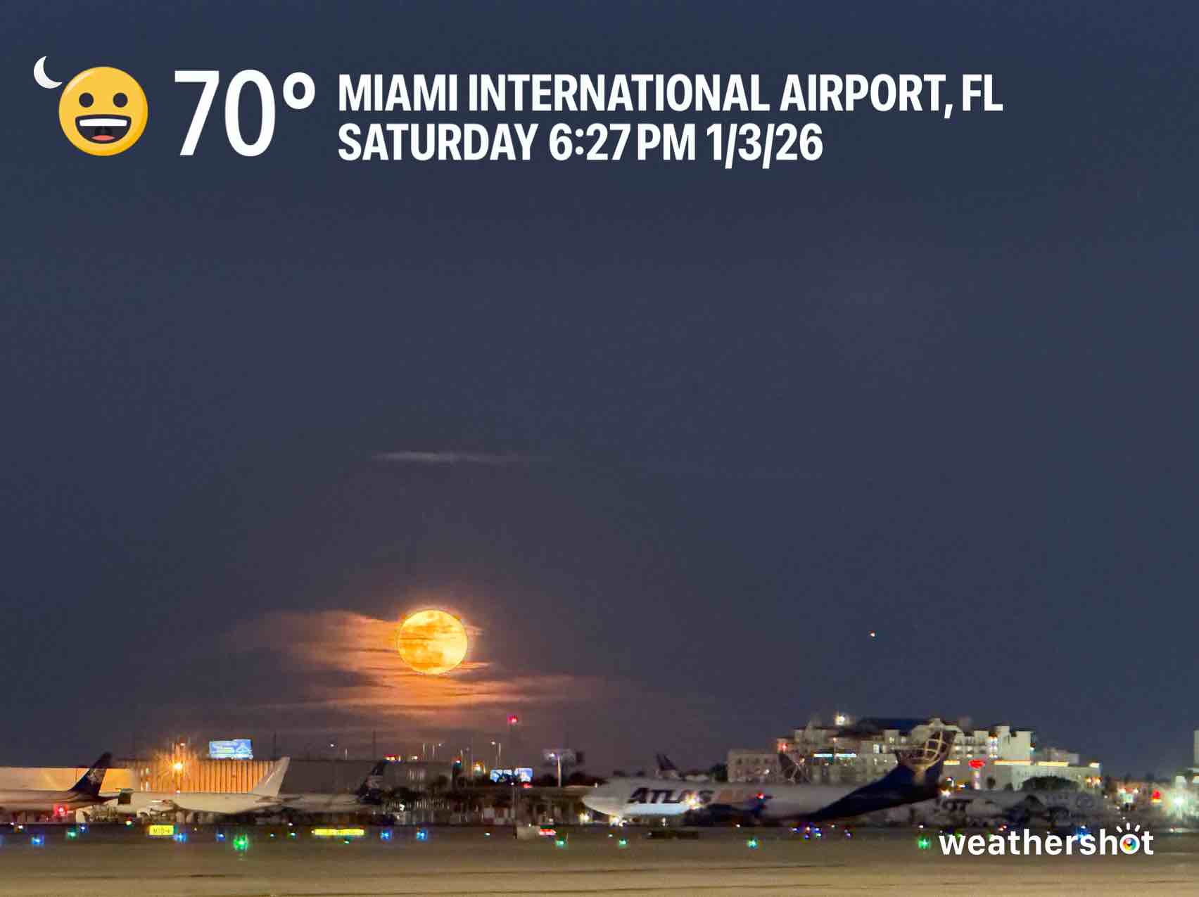 Clear night weather in Doral, 70°F — January 3, 2026 (community photo)